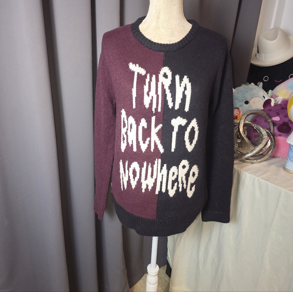 INSIGHT Turn Back To Nowhere Sweater Womens M Black Burgundy Colorblock Knit